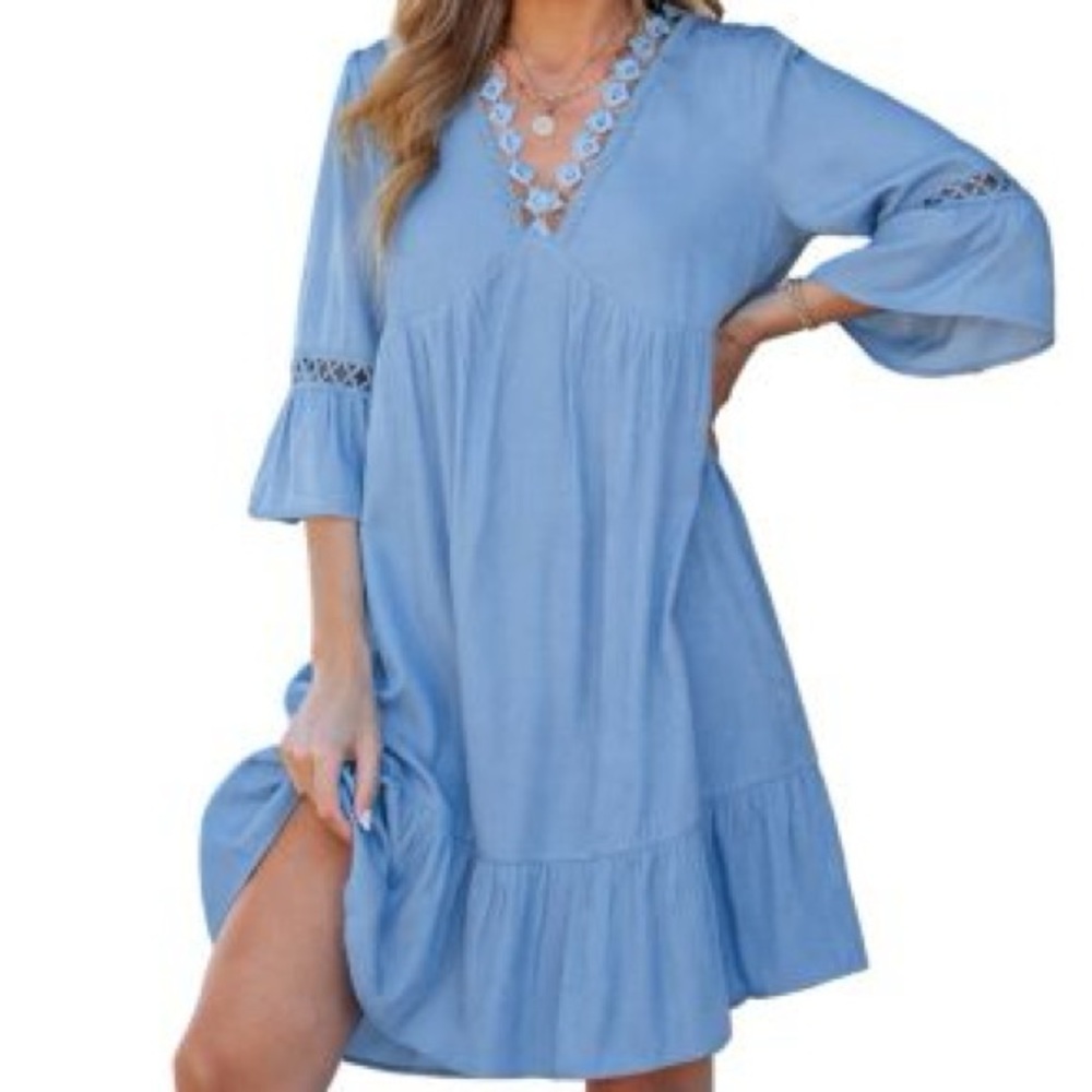 “NEW” Light Blue Boho Dress with Lace Details